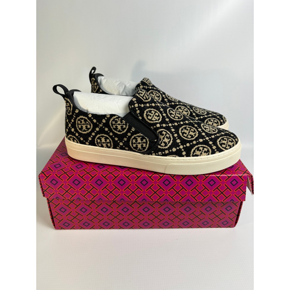 NIB Tory Burch T Monogram Slip On Sneaker Black Chenille Leather Womens 10.5